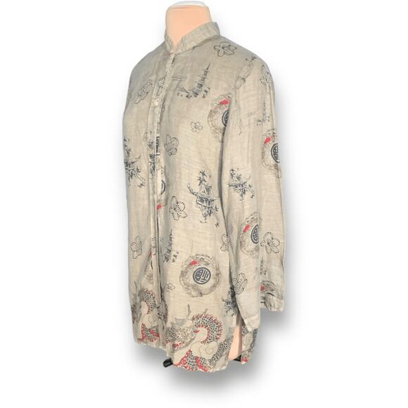 Vintage 90s Citron Santa Monica Linen Tunic Dragon Print Beige Red Asian Top - Picture 3 of 11
